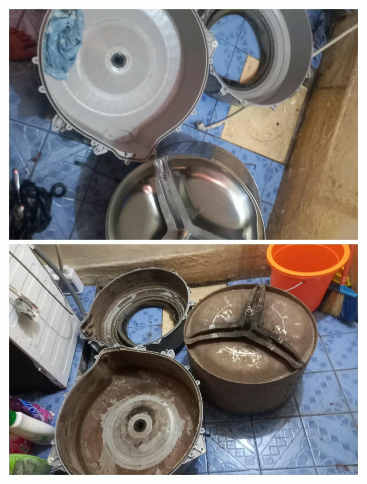 Before and after images showing a dirty washing machine cleaned and polished, demonstrating transforming service quality